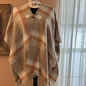 Steve Madden Tan and Orange Plaid Flannel Poncho